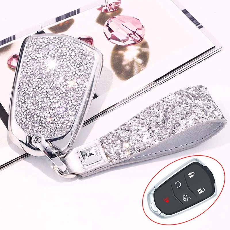 Royalfox(TM) 4 5 6 Buttons 3D Bling keyless Entry Remote Smart Key Fob case Cover for 2016-2019 Cadillac CT6, 2017-2019 XT5, 2014-2019 CTS, 2015-2019 XTS SRX ATS Accessories,with Keychain (Silver) - Image 4